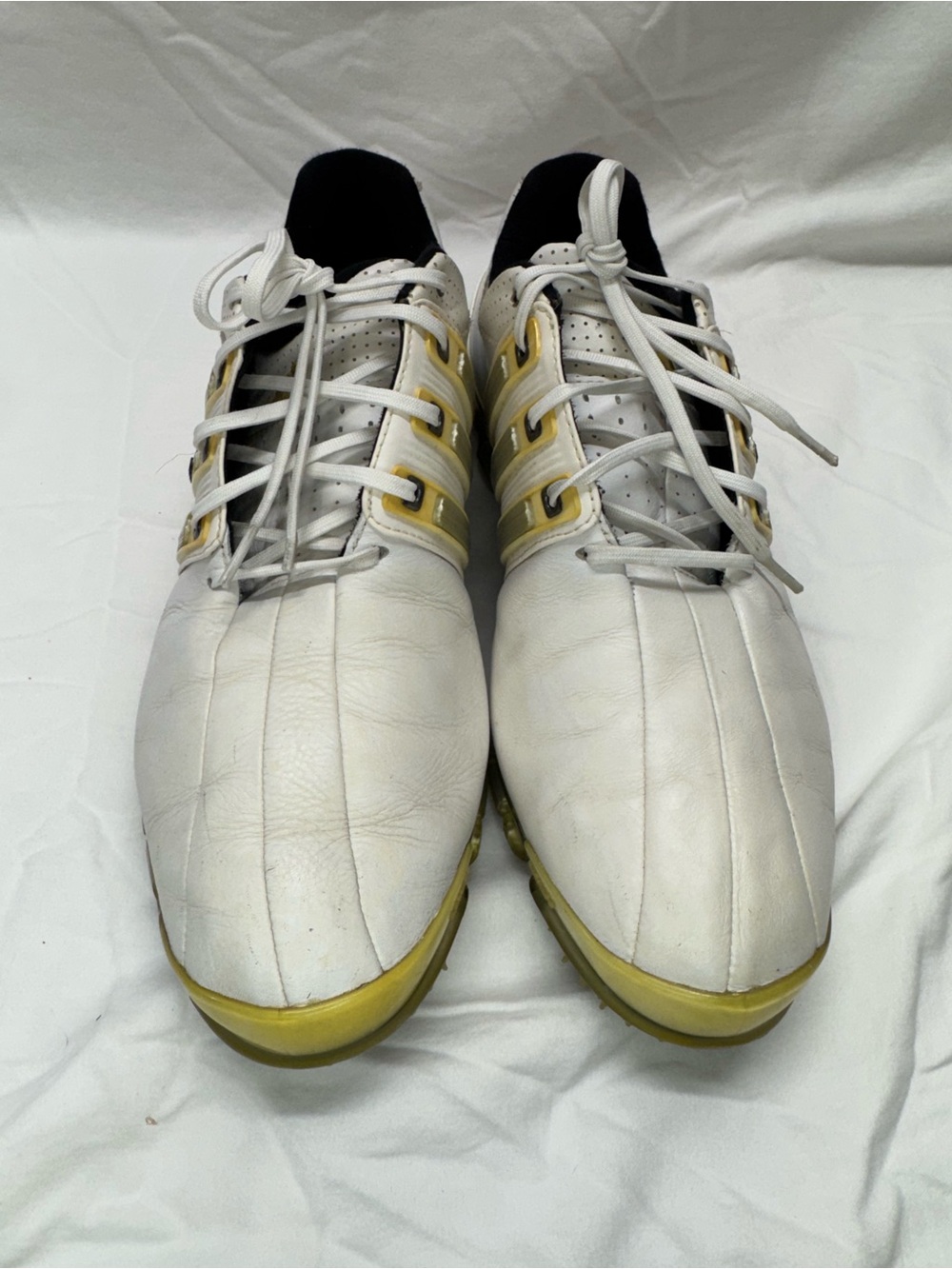 Men's White and Yellow Athletic Golf Shoes